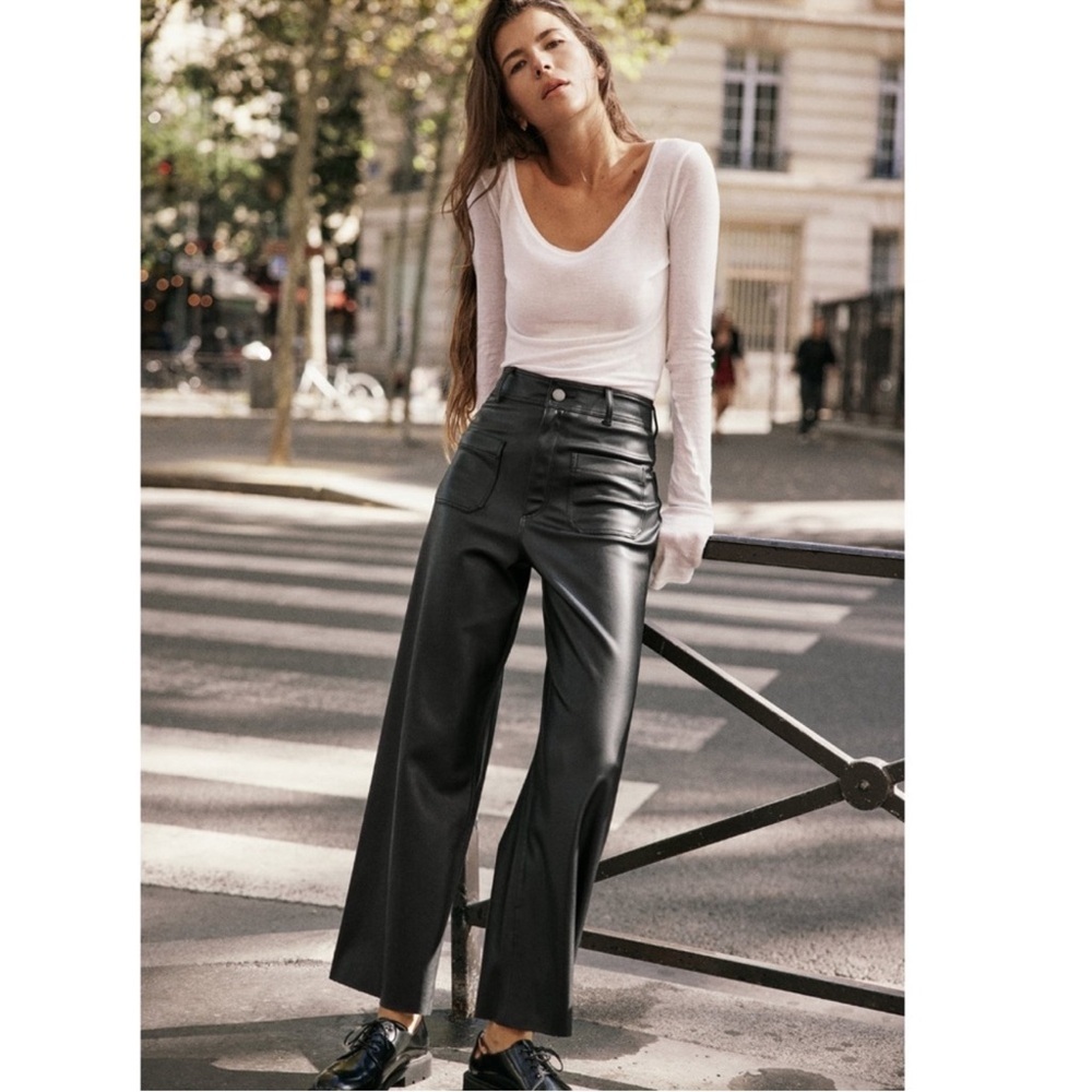 Zara Pants Faux Leather Trousers Marine Straight Classic Chic Edgy Black 4